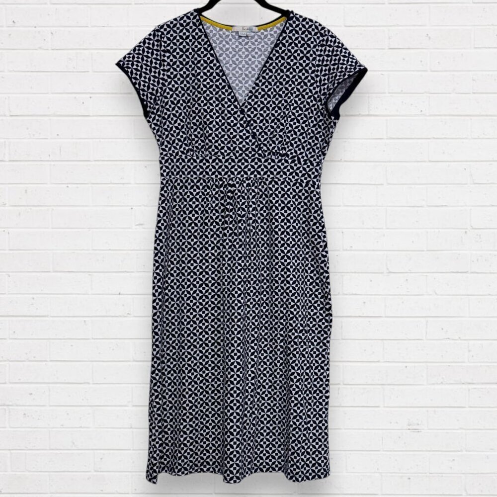 BODEN Navy Blue Faux Wrap Jenny Stretch Knit A-Line Geometric Travel Dress 6